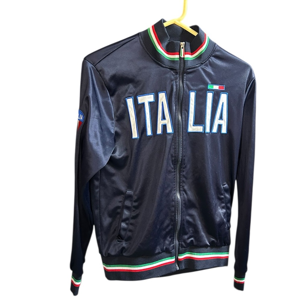 Men's Navy Italia Track Bomber Jacket with Tricolor Trim